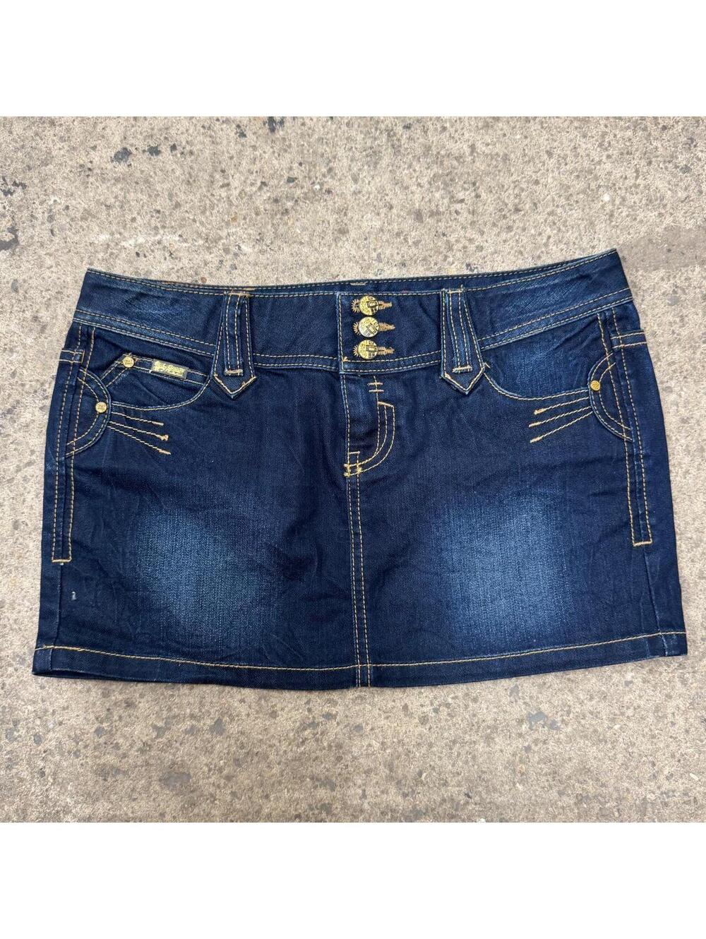 Vintage Y2K Denim Micro Mini Skirt Low Rise Faded Dark Wash